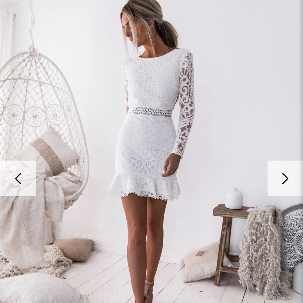 White Lace Long-Sleeve Dress with Crochet Waist